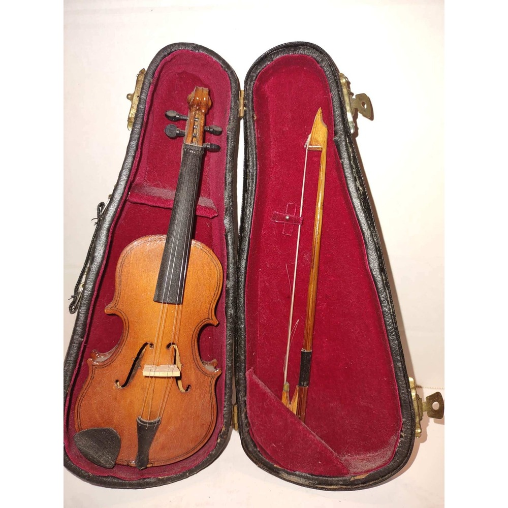 Miniature Violin Replica with Bow and Velvet Lined Hardshell Case 7" Vintage